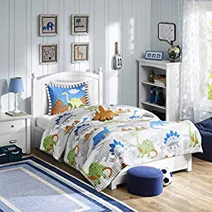 Mi Zone Kids Little Foot Twin Bedding Sets Boys Quilt Set - Grey, Blue, Orange , Dinosaur – 3 Piece Kids Quilt For Boys – Cotton Filling Ultra Soft Microfiber Quilt Sets Coverlet