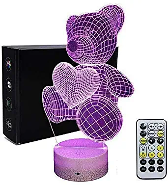 PEDFI Teddy Bear 3D Night Light Optical Illusion Bedside Lamp 7 Colors Changing with Remote Control Help Kids Fell Safe at Night or As A Gift Idea for Boys Girls