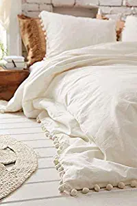 Flber White Pom-Fringe Duvet Cover King Queen, Queen Size, 86in x 90in (86in x 90in)