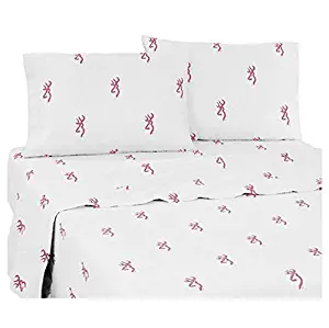 Browning Buckmark Plaid Percale Sheet Set, White with Pink Logo, Queen