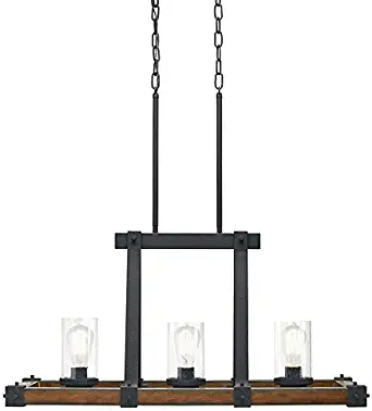 Kichler Lighting Barrington 3 Light Distressed Black and Wood Kitchen Island Pendant Light with Seeded Shade, 12.01" W