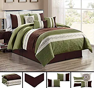 GrandLinen 7 Piece SAGE Green/Beige/Brown Paisley Embroidered Bed in a Bag Luxury Comforter Set Queen Size Bedding