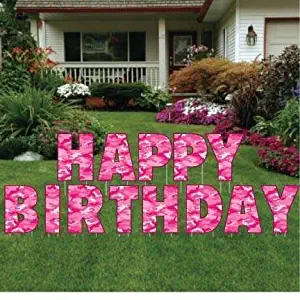 VictoryStore Lawn Decorations: Happy Birthday Camouflage Yard Letters, PINK CAMO with 26 short stakes