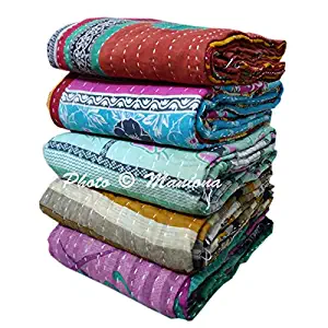 Maniona Crafts Wholesale 5 Pcs Heavy 3 Layered Vintage Kantha Quilts Old Sari Bedspread Throw Twin Size Cotton Heavy Reversible Handmade Blanket Bedspread Kantha Quilts