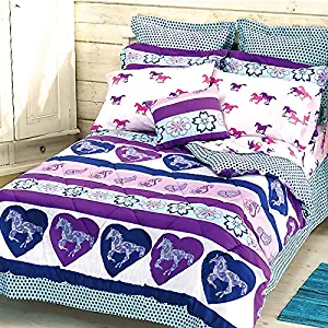 Girls PAISLEY PONY HORSE Purple & Blue HEARTS 6pc Comforter Set W/Sheets (Bed in a Bag) (Twin Size)