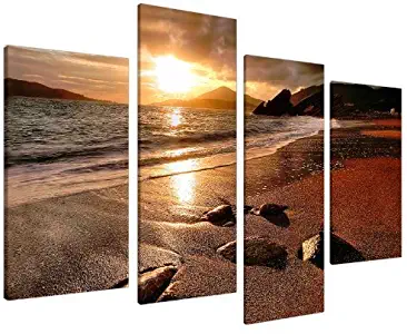 Large Golden Brown Sunset Beach Canvas Wall Art Pictures - Multi Panel Artwork - Set of 4 Landscape Prints - Split Canvases - XL - 51" Inches Wide