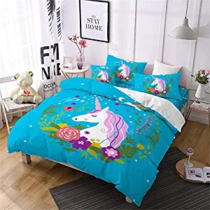 Jessy Home Duvet Cover 3 Piece Full Size Rainbow Unicorn Cute Quilt Cover for Girls Children Gift Cartoon 3D Bedding Set Blue (2Pillow Cases)