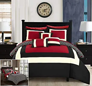 Chic Home Jake 10 Piece Comforter Set Reversible Hotel Collection Color Block Geometric Pattern Print Design Bed in a Bag Bedding – Sheets Decorative Pillows Shams Included Queen Red