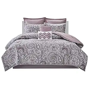 Comfort Spaces Kashmir 8 Piece Comforter Set Hypoallergenic Microfiber Lightweight All Season Paisley Print Bedding, Cal King, Soft Plum