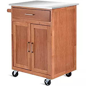 Giantex Wood Kitchen Trolley Cart Stainless Steel Top Rolling Storage Cabinet Island