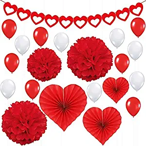 Valentines Day Party Decorations Kit – Pack of 21 | Red Heart Felt Garland Banner, Heart Paper Fans, Paper Pompoms, Red and White Latex Balloons | Great for Valentines Décor and Anniversary Backdrop