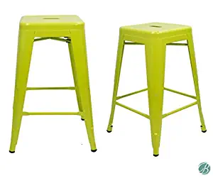 Set of 2 Milani Metal Bar Stools 24” Lime Yellow Stack-able, Ideal for Indoor/Outdoor Use, Kitchen, Home Bar, Patio, Cafe, Dining, Restaurant, Industrial, Galvanized Steel Counter Stools