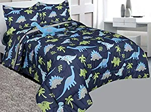 Golden Linens Full Size 8 pieces Reversible Printed Microfiber Kids Comforter With sheets Blue and Lime Green Dinosaur