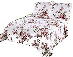 English Roses Quilt Microfiber Quilt set,prewashed, preshrunk. Hypoallerginic, Pattern Stitched with Real Threads, machine quilting, Ultra soft King bed-cover 90" L-102 W, 2shams 20" L-36 W