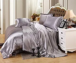 MOONLIGHT BEDDING Luxurious Ultra Soft Silky Satin (1 Comforter Cover, 2 Pillowcases & 1 Fitted Sheet) 4-Piece Duvet Cover Set with Fitted Sheet King, Silver Grey