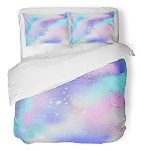 Emvency 3 Piece Duvet Cover Set Breathable Brushed Microfiber Fabric Pink Rainbow Unicorn Color Gradient Universe Blue Girlie Pastel Magic Cosmos Fun Bedding with 2 Pillow Covers Full/Queen Size