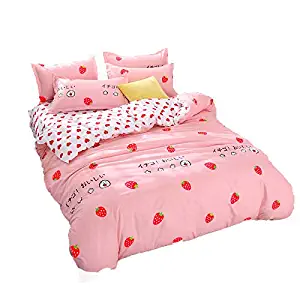 Kimko Girls Strawberry Bedding Set- Kids Reversible Red Strawberry Pattern & White Cover -4Pcs -1 Duvet Cover Set + 1 Bed Sheet + 2 Pillowcases (Full, Strawberry)