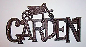 "ABC Products" - Heavy Cast Iron - Old Country Design - Wall Hanging Garden Sign - With A Wheelbarrow And Shovel On The Top - Indoor or Outdoor Use (Old Vintage Rustic Color - Accented With Daisies)