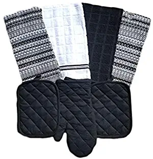 Mainstays Kitchen 7 Piece Set 2 Pot Holders, 1 Oven Mitt, 1 White 1 Black 2 Multi-Color Towels (Black)