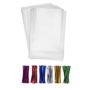 200 Clear Treat Bags 6x9 with 4" Twist Ties 6 Mix Colors - Thick OPP Plastic Cello Bags for Wedding Cookie Birthday Cake Pops Gift Candy Buffet Supplies