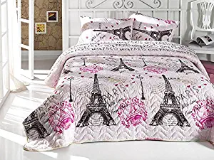 With Love From Paris Bedding, Single/Twin Size Bedspread/Coverlet Set, Eiffel Tower Themed Girls Bedding, Pink, 2 PCS