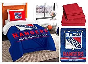 Northwest NHL New York Rangers Draft Twin Bedding Set - Includes Comforter, sham, Flat Sheet, Fitted Sheet, Pillowcase and Throw