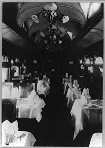 Photo: Railroad dining car of S.M. Railway,China,1890-1923,Interior,tables,napkins