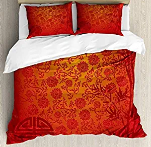 Dream-Decor Full Size Asian 4 Piece Bedding Set Duvet Cover Set, Eastern Ethnic Scenery with Branches Traditional Chinese Symbols Print, Comforter Cover Bedspread Pillow Cases with Zipper Closure