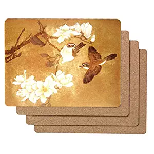 Floral Cork Placemats | Set of 4 Placemats for Kitchen Table 16x12” | Bird Cork Backed Placemats | UV Curable Coating - Waterproof & Easy to Clean | Thick & Heat Resistant to 212ºF