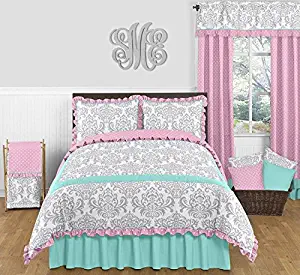 Sweet Jojo Designs 3-Piece Skylar Turquoise Blue, Pink Polka Dot and Gray Damask Girls Full/Queen Bedding Set