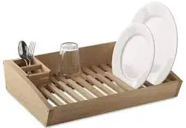 ETROVES Flat Wooden Dish Drying Rack - Handmade Wood Carved Kitchen Plate-Utensils Organization-Holder Compact Adjustable Drainer for Sink Display - Simple Human Side Drain Fits in Sink