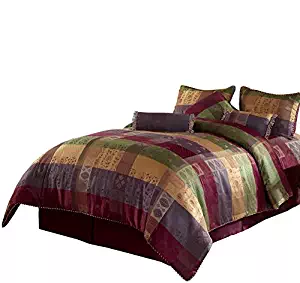 Chezmoi Collection 7 Pieces Multi Color Gitano Jacquard Patchwork Comforter Set Bag King Size Bedding, Burgundy