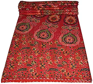 V Vedant Designs Red Peacock Mandala Tapestry Throw Blanket Queen Bedspread Indian Kantha Embroidered Quilt 80x90 Inch, Red