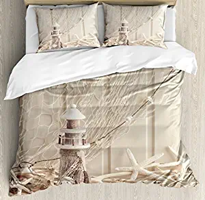 Ambesonne Fishing Net Duvet Cover Set, Marine Theme with Sea Stars and Shells Underwater Life Wooden Lighthouse Print, Decorative 3 Piece Bedding Set with 2 Pillow Shams, Queen Size, Beige Cream