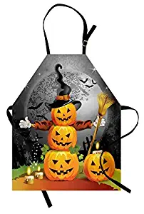 Lunarable Halloween Apron, Pumpkins Funny Composition Traditional Celebration Witches Hat Broomstick, Unisex Kitchen Bib with Adjustable Neck for Cooking Gardening, Adult Size, Grey Orange