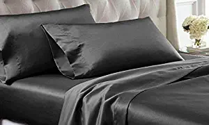 Bedding Emporium 100% Pure Silk Satin Sheet Set 7pcs, Silk Fitted Sheet 15'' Deep Pocket,Silk Flat Sheet,Silk Duvet Cover & Pillowcases Set !!! Dark Grey, Queen