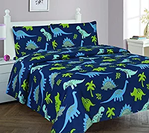 Elegant Home Dinosaurs Jurassic Park Design Multicolor Dark Blue Green 4 Piece Printed Full Size Sheet Set with Pillowcase Flat Fitted Sheet for Boys / Kids/ Teens # Dinosaurs Blue 2 (Full)