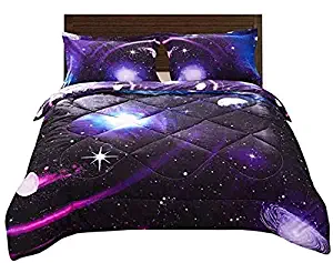 DECMAY 3D Purple Blue Space Comforter Full Universe Bedding Set for Kids Blue Starry Sky Duvet Set with Pillow Cover Super Soft Bedroom Decor for Girl and Boy(1Comforter&2Pillow Shams)