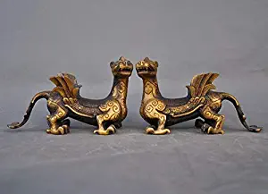 Miniature Amber Crafts 6 - Christmas Old Chinese Fengshui Bronze Wing Beast Dragon Pixiu Kirin Kylin Foo Dog Statue Halloween - by MINIA - 1 Pcs - Dog Rabbit Statue - Led Dog Statue