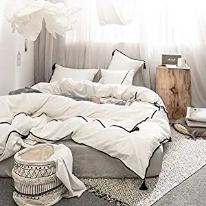 Meaning4 Ivory Boho Duvet Cover Set with Poms Fringe and Tassel Trim King Size Pure Cotton Solid 3 Pieces