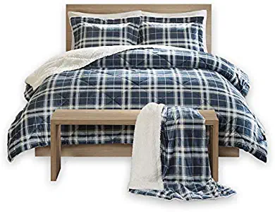 Comfort Spaces Aaron Sherpa Set Combo-4 Piece-Checker Plaid Pattern-Ultra Softy, Fluffy, Warm-Includes 1 Comforter, 2 Shams, 1 Throw, King, Blue