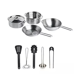 IKEA Stainless Steel 10-Piece Children's Pretend Play Cookware and Utensil Set, Silver/Black