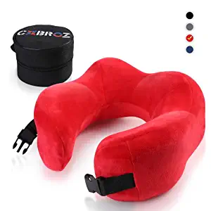 Cobroz - Travel Pillow with Thin Back Design and Overlap for Head, Neck & Chin Support, Best Memory Foam Neck Pillow, Travel Accessories for Airplane, Train, Car (Red)