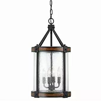 Kichler Lighting Barrington Distressed Black and Wood Rustic Single Seeded Glass Cylinder Pendant, 12.01" W