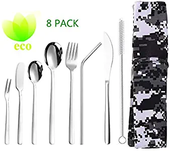 Portable Utensils Set, Travel Camping Cutlery Set, 8 Pieces Including Knife Fork Spoon Straws & Carry Case Bag, Reusable Stainless Steel Lunch Box Flatware Set, Dishwasher Safe (Camouflage)