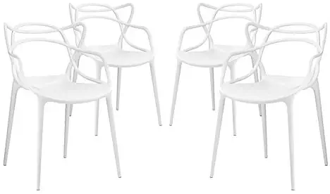 Modway Entangled Modern Molded Plastic Four Kitchen and Dining Room Arm Chairs in White - Fully Assembled
