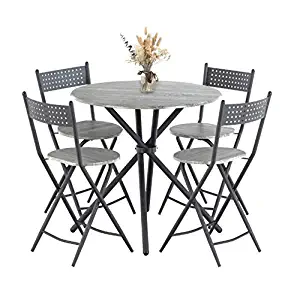 mecor 5 Pcs Dining Table Set w/ 4 Folding Chairs, Mid-Century Vintage Round Coffee Table and Foldable Chairs with Wood Top and Metal Frame for Kitchen Patio Dining Room (Grey)