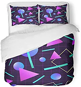 MIGAGA 3 Piece Duvet Cover Set Breathable Brushed Microfiber Fabric Vaporwave 80'S Style Retro 1980S Miami Neon Party Geometric Graphic Bedding with 2 Pillow Covers Full/Queen Size