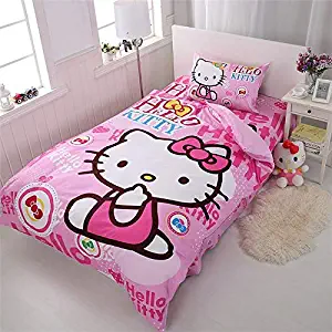 Olwen Shop 3D and Cartoon Duvet Cover Set - Soft 100% Cotton Cartoon Hello Kitty Twin Single Bedding Set Duvet Cover Flatsheet Pillowcases for Kids Girls Drop Shipping