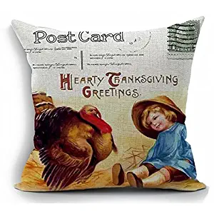 Pillow Case - Thanksgiving Greetings Turkey With Kid Flax Throw Pillow Case Home Office Decorative Square 18 X - Ivory Novelty Proof Violet Ruffles Body Pillow Protectors Velvet Moon Mats Dis